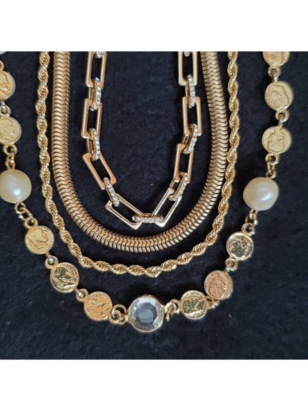Gold Tone Necklace Lot Of 4 Express Rhinestone Paperclip Rope Coin Omega